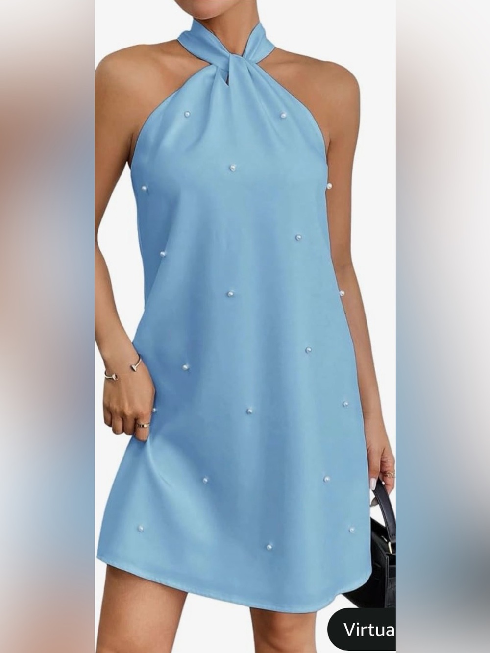 Pale Blue Halter Mini Dress with Pearl Accents, NEW, XL, $15